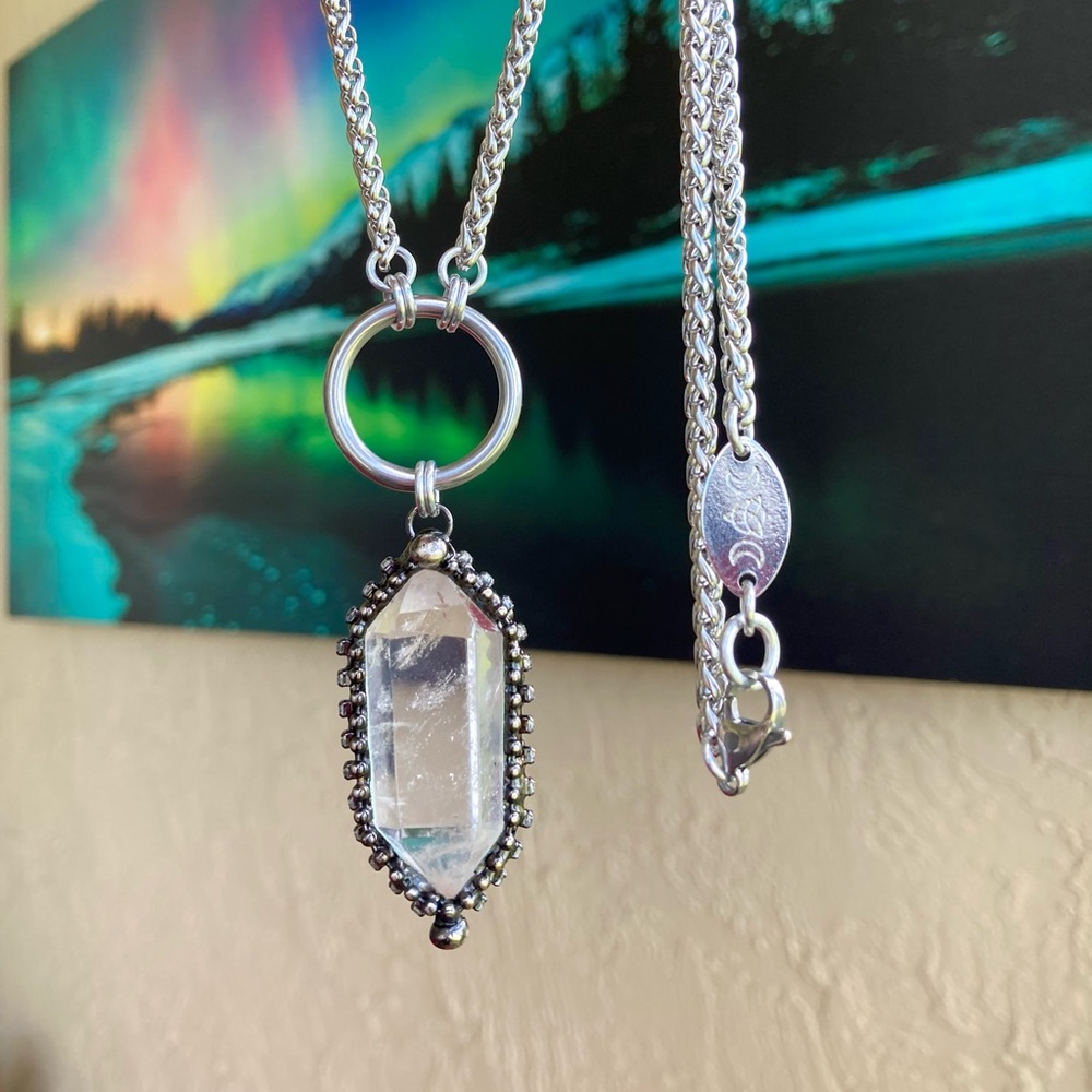 Natural Crystal quartz black electroplated boho goth stainless steel necklace - Picture 12 of 14